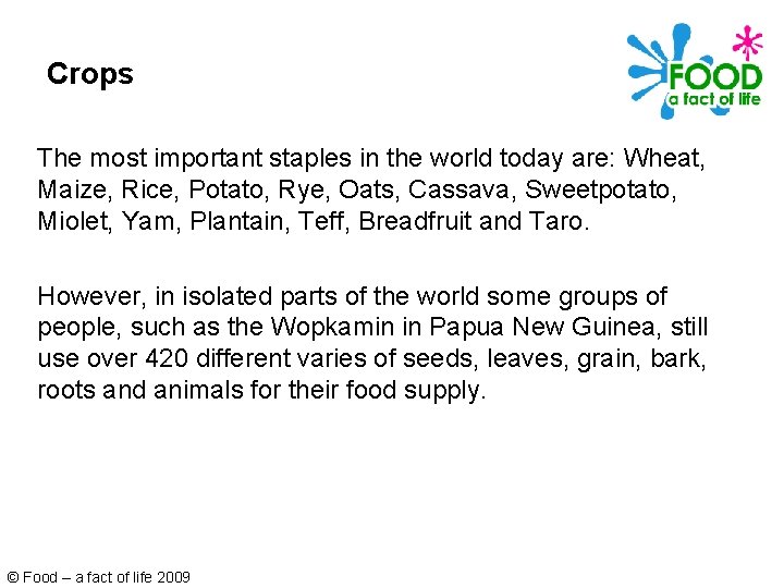 Crops The most important staples in the world today are: Wheat, Maize, Rice, Potato,