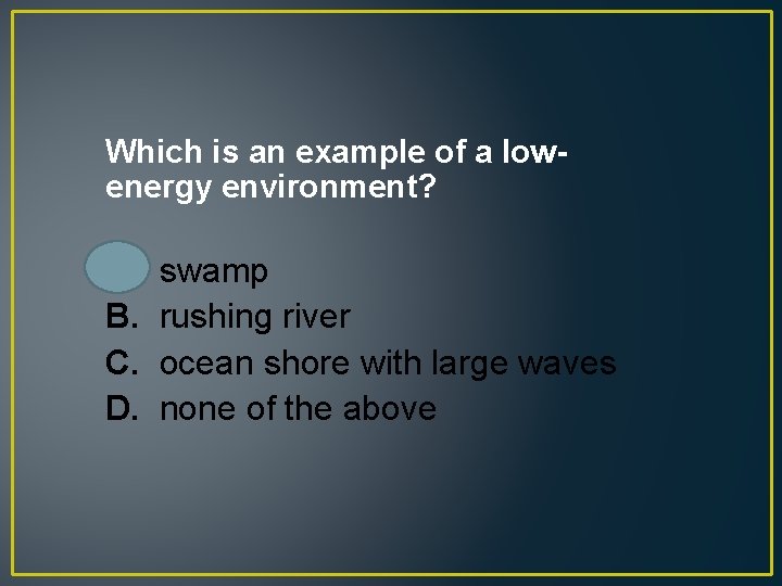 Which is an example of a lowenergy environment? A. B. C. D. swamp rushing