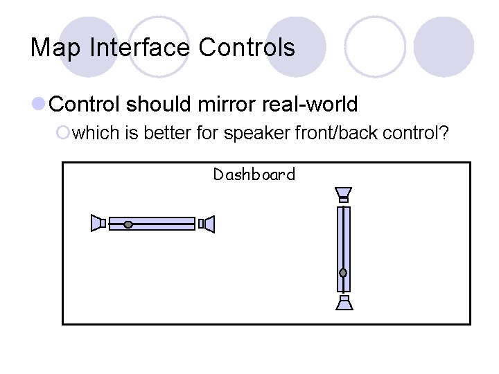 Map Interface Controls l Control should mirror real-world ¡which is better for speaker front/back