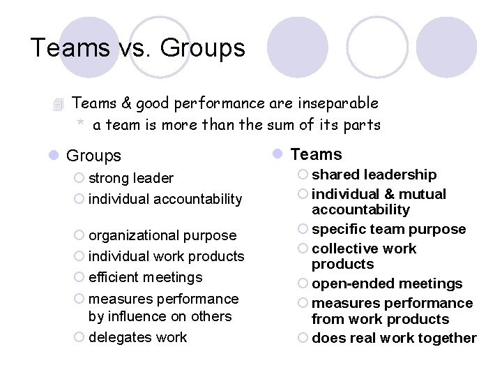 Teams vs. Groups 4 Teams & good performance are inseparable * a team is