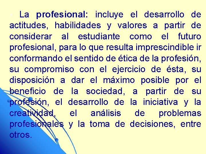 - La profesional: incluye el desarrollo de actitudes, habilidades y valores a partir de