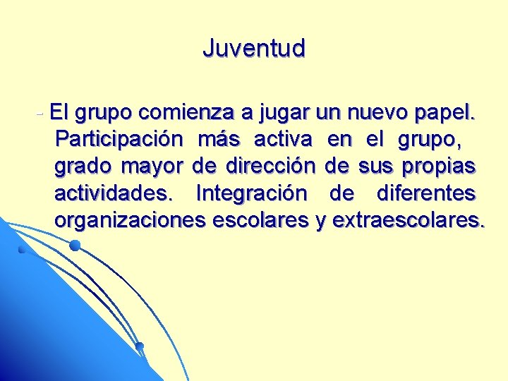 Juventud - El grupo comienza a jugar un nuevo papel. Participación más activa en