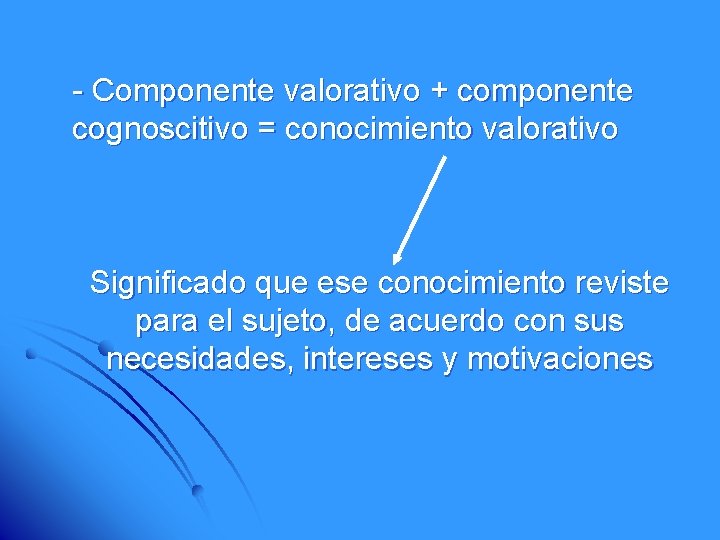 - Componente valorativo + componente cognoscitivo = conocimiento valorativo Significado que ese conocimiento reviste