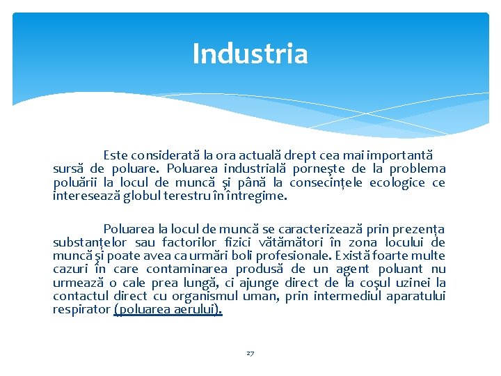 Industria Este considerată la ora actuală drept cea mai importantă sursă de poluare. Poluarea