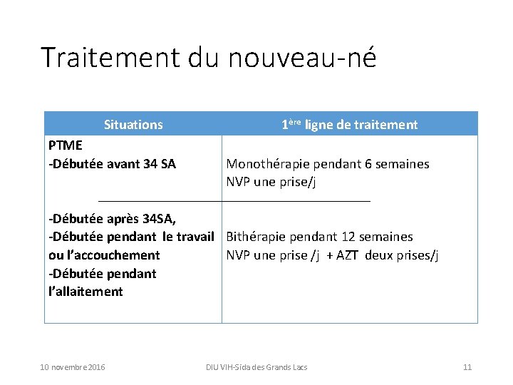 Traitement du nouveau-né Situations PTME -Débutée avant 34 SA 1ère ligne de traitement Monothérapie