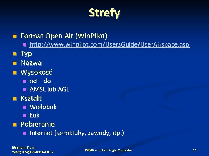 Strefy Format Open Air (Win. Pilot) Typ Nazwa Wysokość od – do AMSL lub
