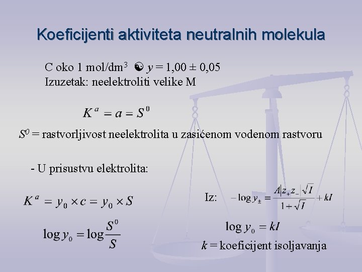 Koeficijenti aktiviteta neutralnih molekula C oko 1 mol/dm 3 y = 1, 00 ±