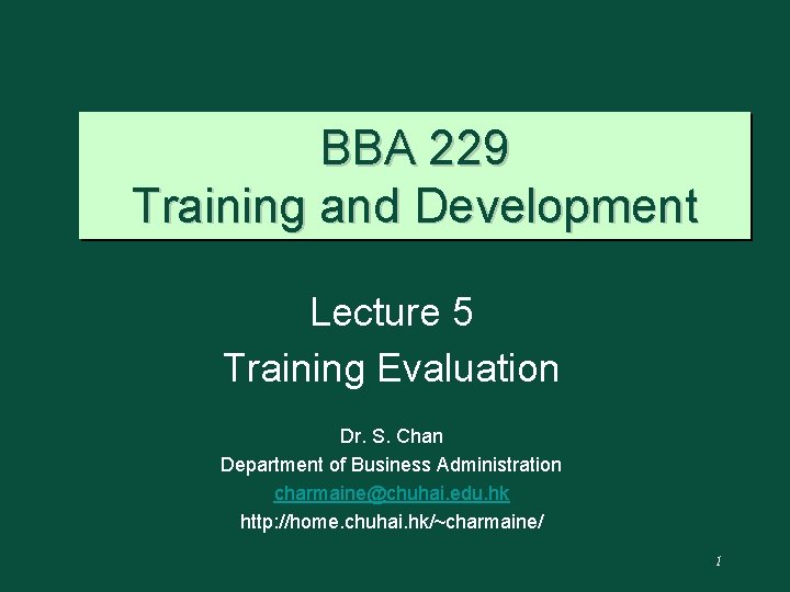BBA 229 Training and Development Lecture 5 Training Evaluation Dr. S. Chan Department of