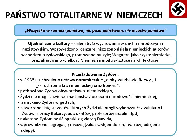 PAŃSTWO TOTALITARNE W NIEMCZECH „Wszystko w ramach państwa, nic poza państwem, nic przeciw państwu”