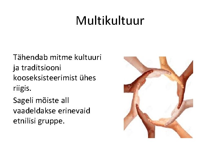 Multikultuur Tähendab mitme kultuuri ja traditsiooni kooseksisteerimist ühes riigis. Sageli mõiste all vaadeldakse erinevaid