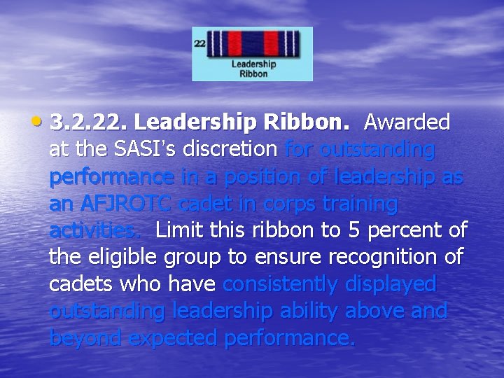  • 3. 2. 22. Leadership Ribbon. Awarded at the SASI’s discretion for outstanding