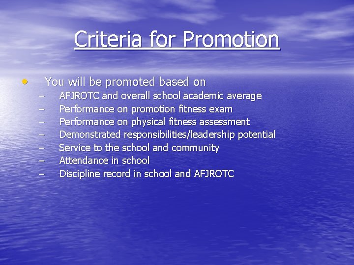 Criteria for Promotion • You will be promoted based on – – – –