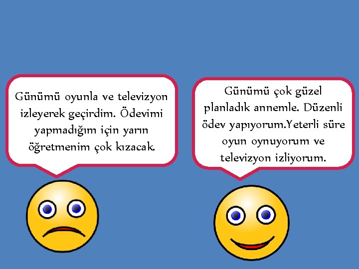 Günümü oyunla ve televizyon izleyerek geçirdim. Ödevimi yapmadığım için yarın öğretmenim çok kızacak. Günümü