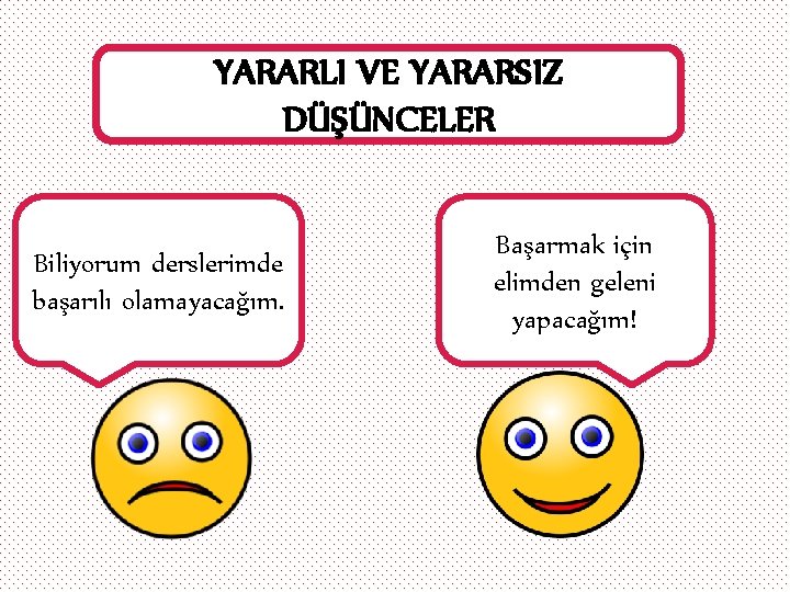 YARARLI VE YARARSIZ DÜŞÜNCELER Biliyorum derslerimde başarılı olamayacağım. Başarmak için elimden geleni yapacağım! 