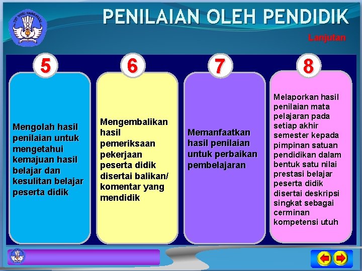 PENILAIAN OLEH PENDIDIK Lanjutan 5 Mengolah hasil penilaian untuk mengetahui kemajuan hasil belajar dan