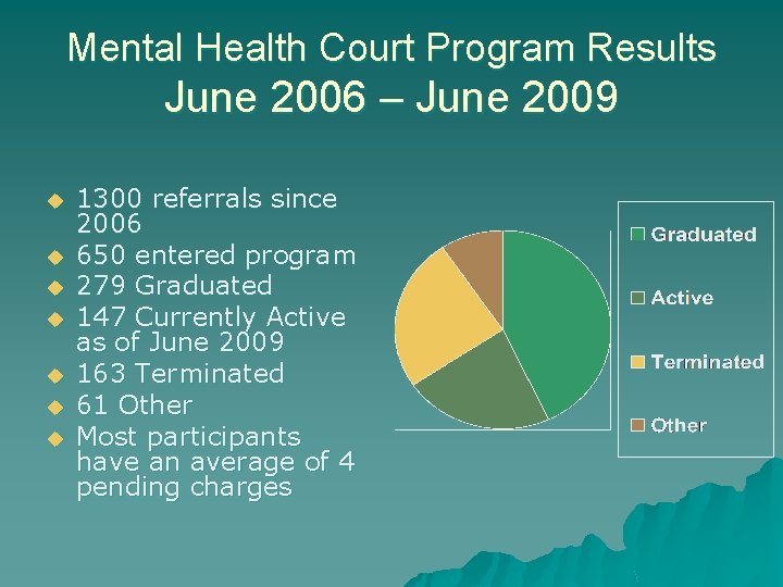Mental Health Court Program Results June 2006 – June 2009 u u u u Mental Health Court Program Results June 2006 – June 2009 u u u u