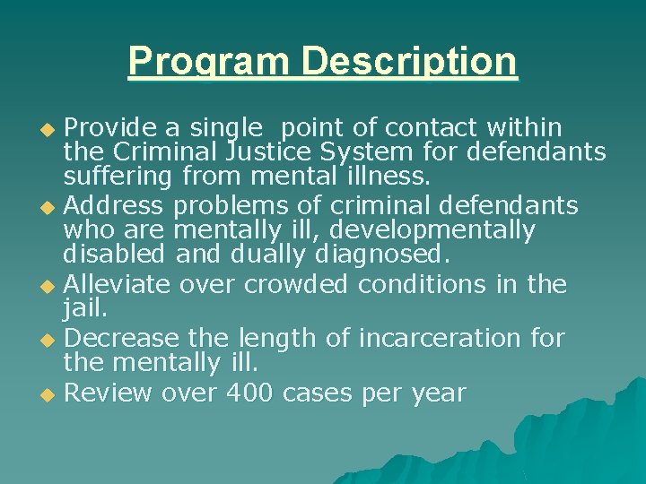 Program Description Provide a single point of contact within the Criminal Justice System for Program Description Provide a single point of contact within the Criminal Justice System for