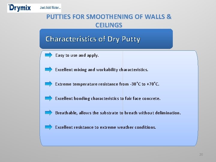 PUTTIES FOR SMOOTHENING OF WALLS & CEILINGS Characteristics of Dry Putty Easy to use