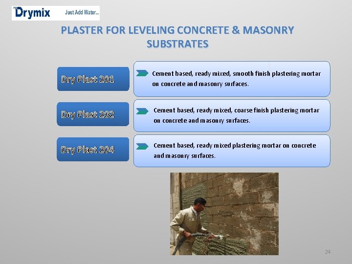 PLASTER FOR LEVELING CONCRETE & MASONRY SUBSTRATES Dry Plast 201 Cement based, ready mixed,