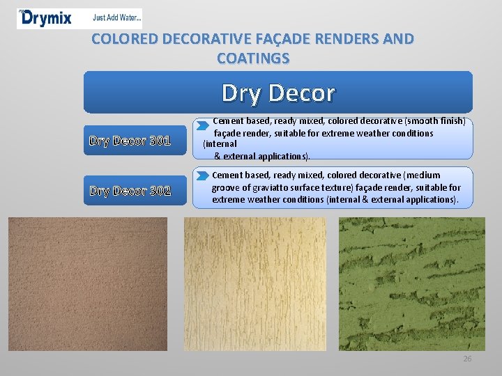 COLORED DECORATIVE FAÇADE RENDERS AND COATINGS Dry Decor 301 Cement based, ready mixed, colored