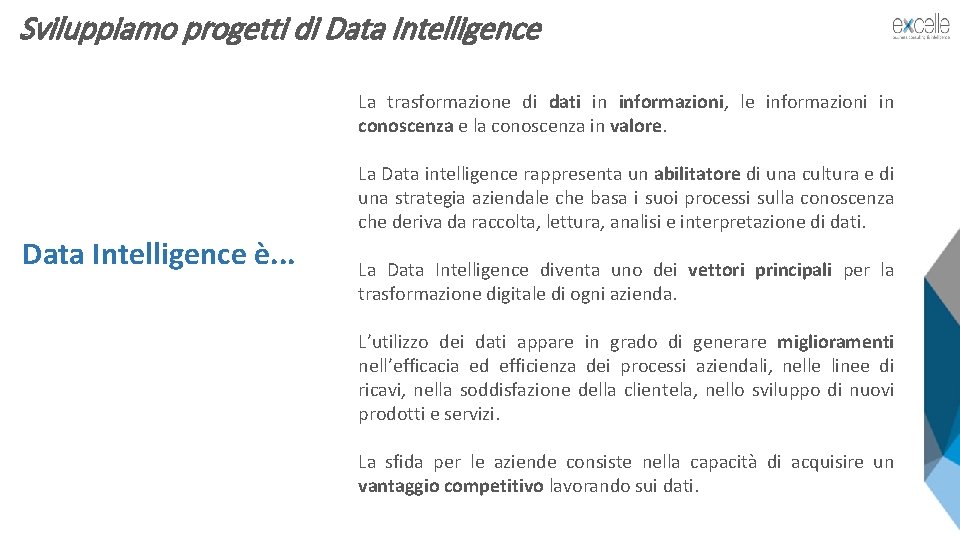 Sviluppiamo progetti di Data Intelligence La trasformazione di dati in informazioni, le informazioni in