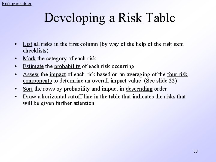 Risk projection Developing a Risk Table • List all risks in the first column
