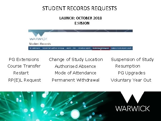 STUDENT RECORDS REQUESTS LAUNCH: OCTOBER 2018 E: VISION PG Extensions Change of Study Location
