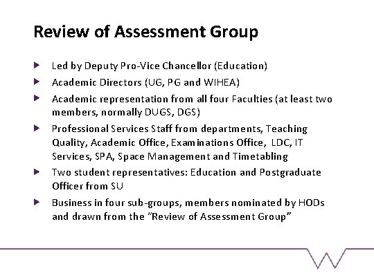 Review of Assessment Group Led by Deputy Pro-Vice Chancellor (Education) Academic Directors (UG, PG