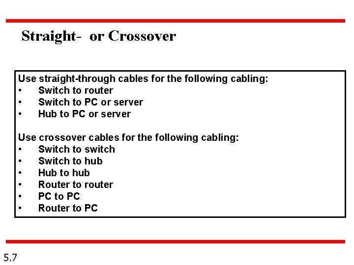 Straight- or Crossover Use straight-through cables for the following cabling: • Switch to router Straight- or Crossover Use straight-through cables for the following cabling: • Switch to router