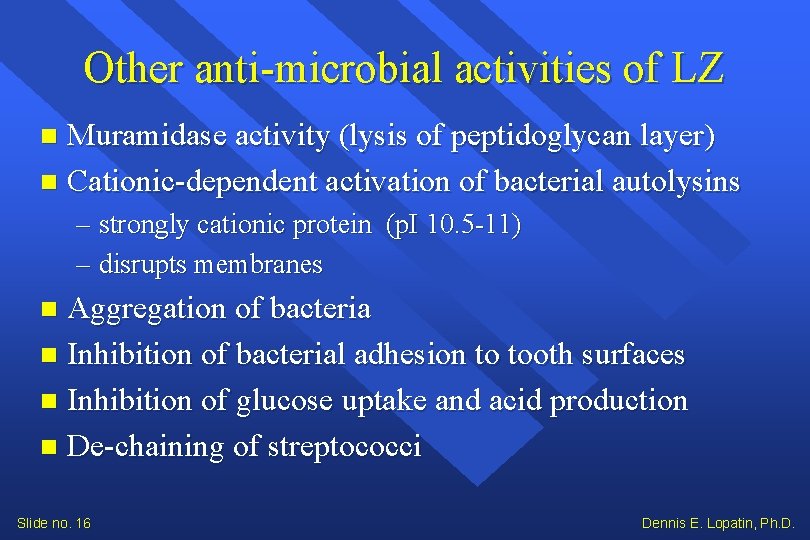 Other anti-microbial activities of LZ Muramidase activity (lysis of peptidoglycan layer) Cationic-dependent activation of Other anti-microbial activities of LZ Muramidase activity (lysis of peptidoglycan layer) Cationic-dependent activation of