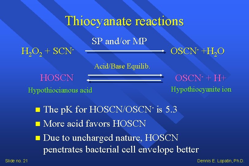Thiocyanate reactions H 2 O 2 + SCN- SP and/or MP OSCN- +H 2 Thiocyanate reactions H 2 O 2 + SCN- SP and/or MP OSCN- +H 2