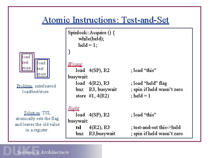 Atomic Instructions: Test-and-Set load test store Spinlock: : Acquire () { while(held); held =