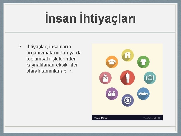 İnsan İhtiyaçları • İhtiyaçlar, insanların organizmalarından ya da toplumsal ilişkilerinden kaynaklanan eksiklikler olarak tanımlanabilir.