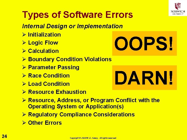 Types of Software Errors Internal Design or Implementation Ø Initialization Ø Logic Flow Ø