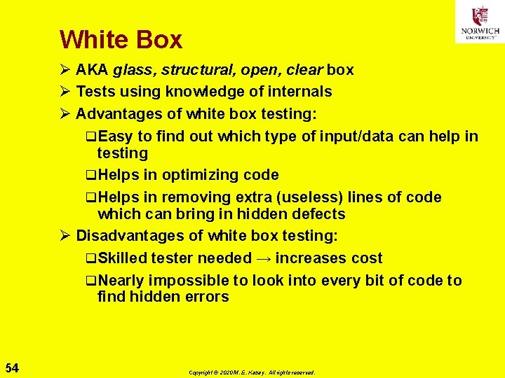 White Box Ø AKA glass, structural, open, clear box Ø Tests using knowledge of