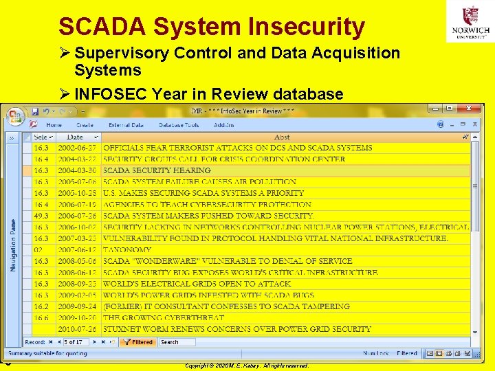 SCADA System Insecurity Ø Supervisory Control and Data Acquisition Systems Ø INFOSEC Year in