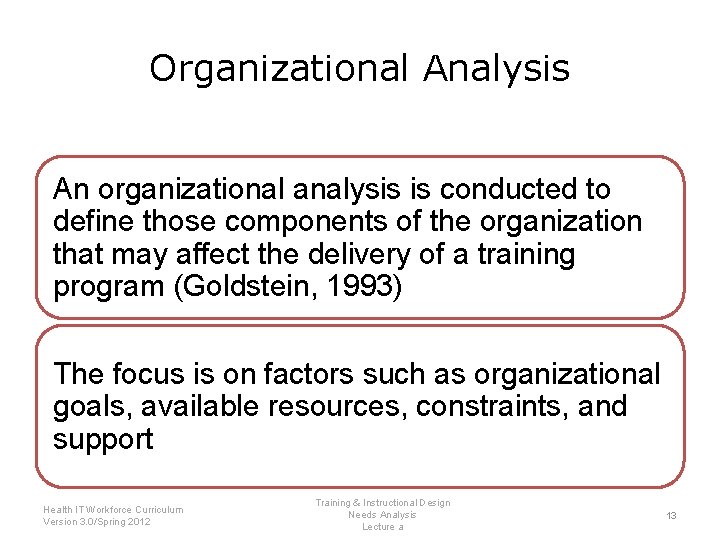 Organizational Analysis An organizational analysis is conducted to define those components of the organization