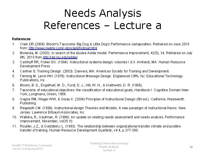 Needs Analysis References – Lecture a References 1. Clark DR. (2004). Bloom’s Taxonomy Big