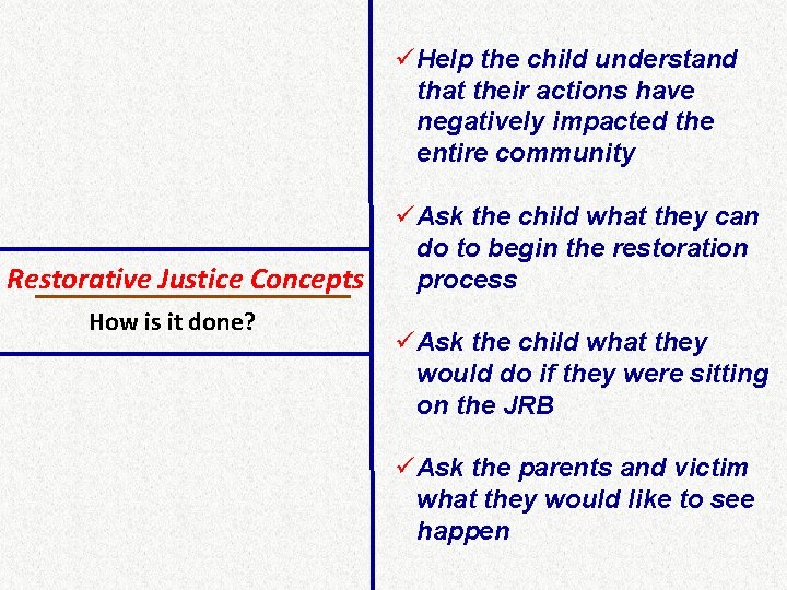 üHelp the child understand that their actions have negatively impacted the entire community Restorative