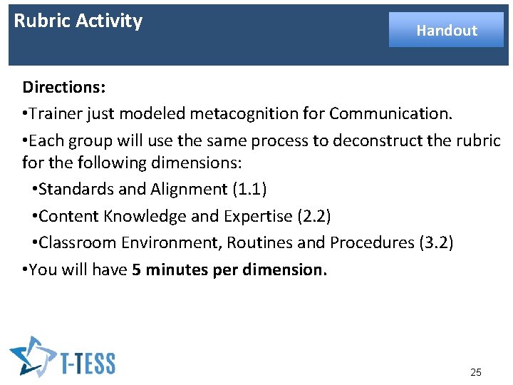 Rubric Activity Handout Directions: • Trainer just modeled metacognition for Communication. • Each group