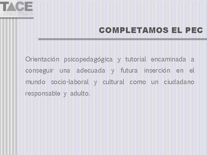 COMPLETAMOS EL PEC Orientación psicopedagógica y tutorial encaminada a conseguir una adecuada y futura