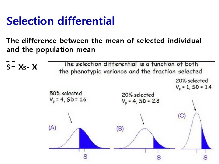 Selection differential The difference between the mean of selected individual and the population mean