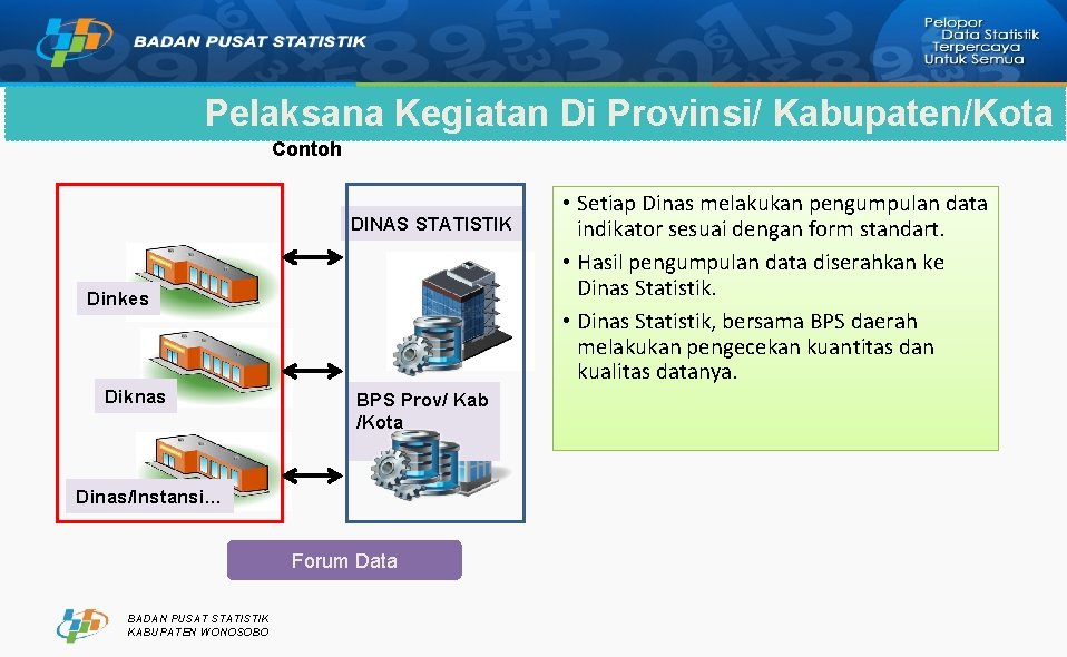 Pelaksana Kegiatan Di Provinsi/ Kabupaten/Kota Contoh DINAS STATISTIK Dinkes Diknas BPS Prov/ Kab /Kota