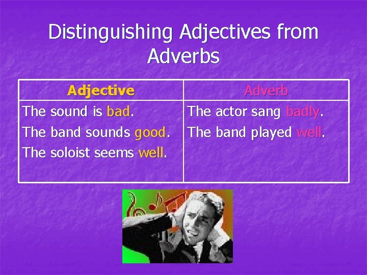 Distinguishing Adjectives from Adverbs Adjective The sound is bad. The band sounds good. The Distinguishing Adjectives from Adverbs Adjective The sound is bad. The band sounds good. The