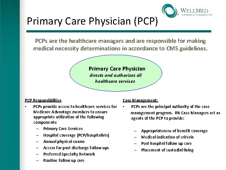 Primary Care Physician (PCP) PCPs are the healthcare managers and are responsible for making