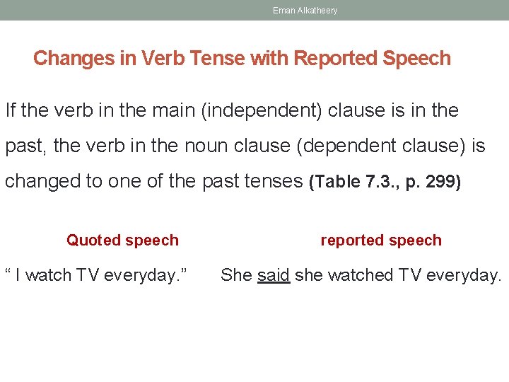 Eman Alkatheery Changes in Verb Tense with Reported Speech If the verb in the