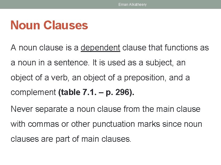 Eman Alkatheery Noun Clauses A noun clause is a dependent clause that functions as