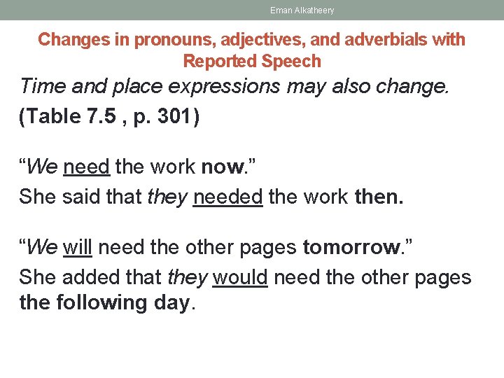 Eman Alkatheery Changes in pronouns, adjectives, and adverbials with Reported Speech Time and place