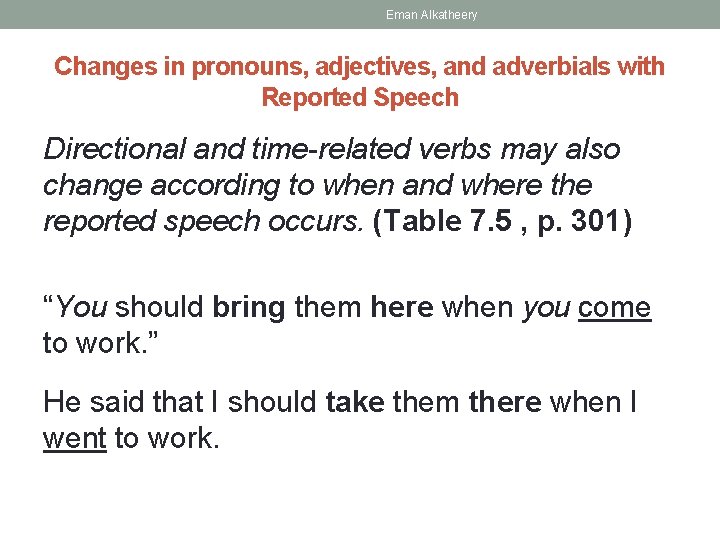 Eman Alkatheery Changes in pronouns, adjectives, and adverbials with Reported Speech Directional and time-related