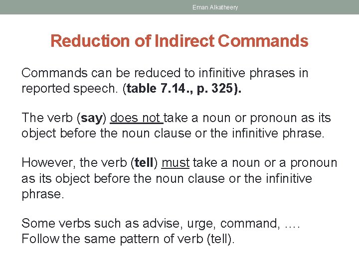 Eman Alkatheery Reduction of Indirect Commands can be reduced to infinitive phrases in reported